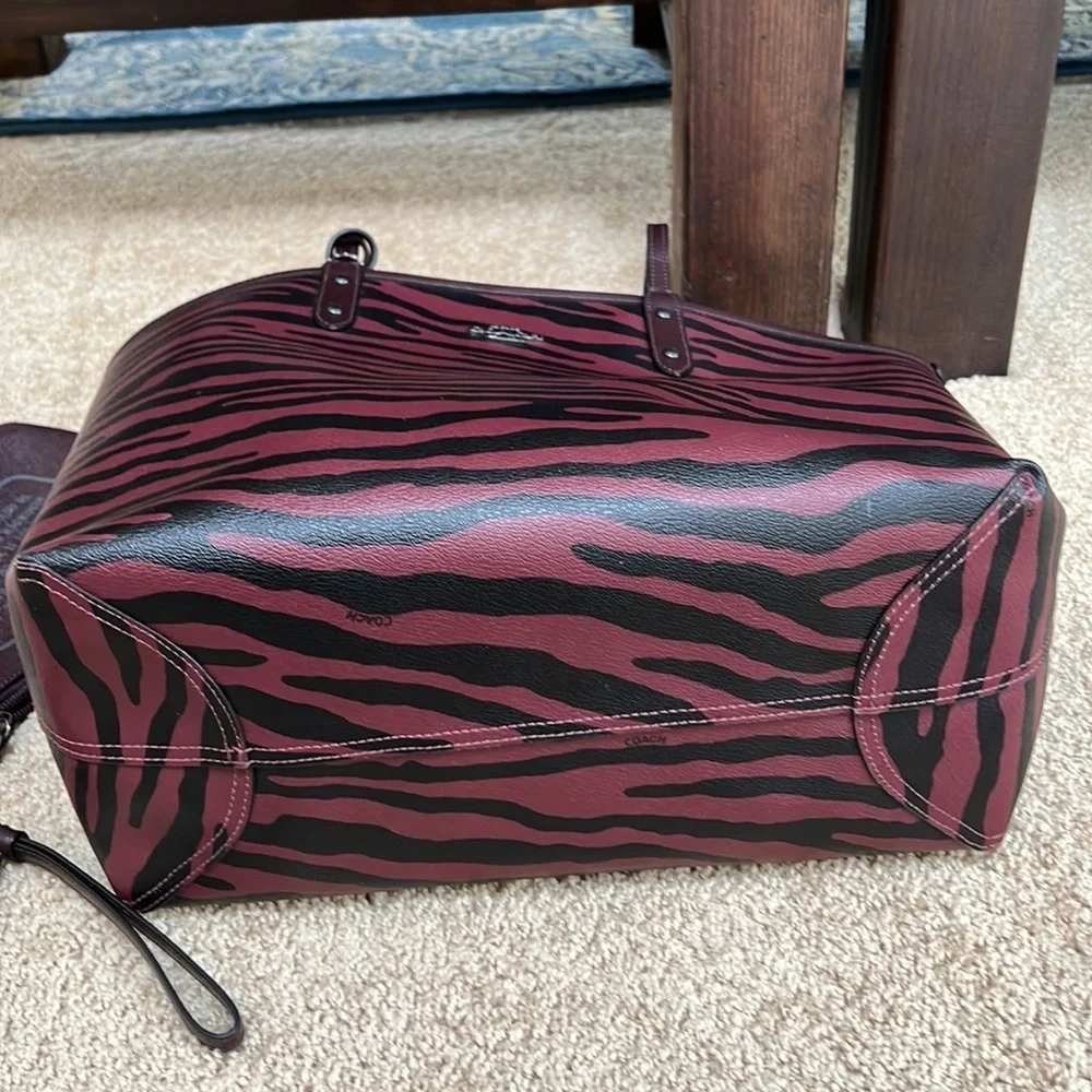 COACH tiger stripe reversible tote with pouch, wallet and wristlet set